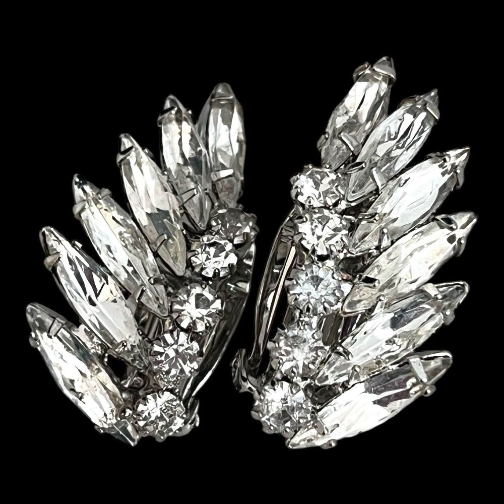 Vintage 1960s Clip On Earrings Silver Tone Rhinestone Navette Cluster - 13P